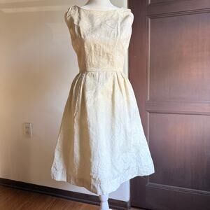 1960s Vintage Cream Brocade Bateau Neck Scoop back Cocktail Dress Small
